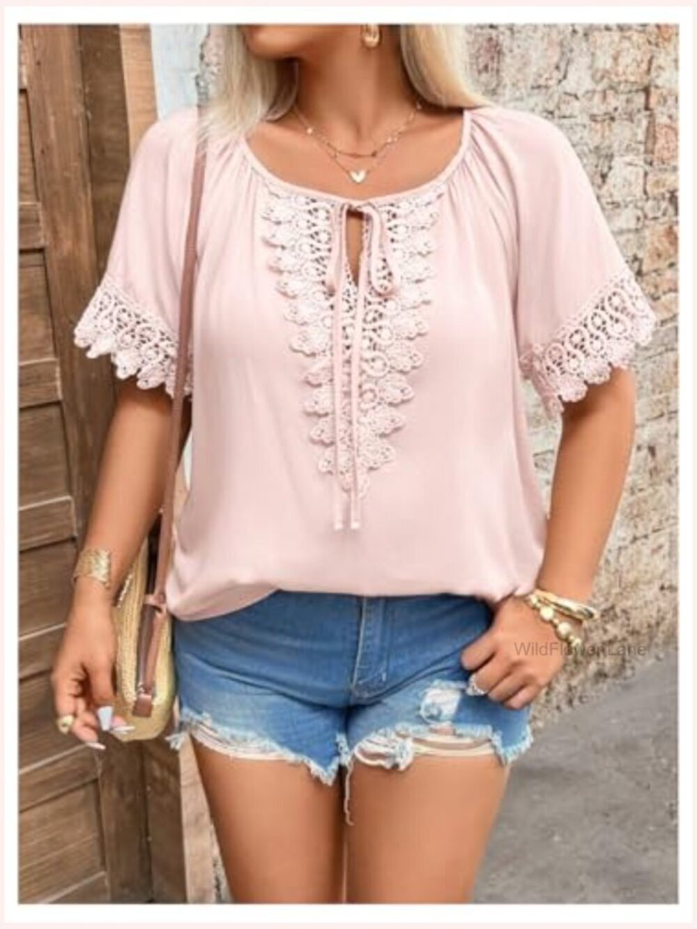 Plus Size Lace V Neck Blouse Short Sleeve Bow Tie Front Casual Summer Top - Picture 4 of 5